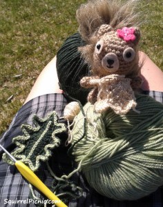 Podge knits a table runner while I work on leaves.